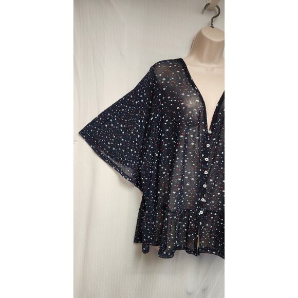 Lane Bryant 3/4 Bell Sleeve V-Neck Sheer Star Pattern Blouse Multi-Blue Sz 26-28 - Picture 6 of 8